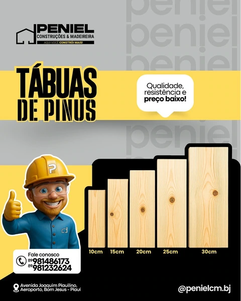 Peniel Construções & Madeireira em Bom Jesus - PI, destacando a venda de tábuas de pinus. 